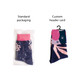 Crew custom pattern woven socks in navy blue with pink accents, presented in standard packaging and with a custom header card.