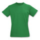 A green T-shirt with a round neckline, short sleeves, and a plain design, featuring a logo. A green T-shirt with a round neckline, short sleeves, and a plain design, featuring a logo.