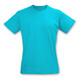 A turquoise women's t-shirt with short sleeves and a round neckline, featuring a logo. A turquoise women's t-shirt with short sleeves and a round neckline, featuring a logo.