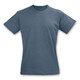 A grey women's T-shirt with short sleeves and a round neck, featuring a logo on the front. A grey women's T-shirt with short sleeves and a round neck, featuring a logo on the front.
