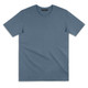 A blue women's T-shirt with a round neckline and short sleeves, featuring a logo on the collar.