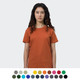 An orange women's t-shirt displayed on a model, with a variety of colour options beneath. The shirt has a logo on it.