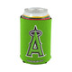A green foldable stubby holder featuring a logo, designed to fit a standard drink can.