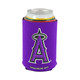 A drink can encased in a purple foldable stubby holder featuring a logo.
