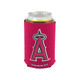 A pink stubby holder with a logo, designed to fit a standard drink can.