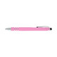 A pink stylus pen with silver accents, designed for writing and touchscreen use.