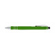 A green pen and stylus with silver accents and a black tip, featuring a branding logo.