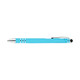 A turquoise pen and stylus with silver accents and a clip, featuring a smooth finish.