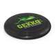 A black frisbee featuring a green lizard graphic and the brand name.