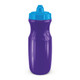 A drink bottle in vibrant purple with a blue lid, featuring a textured grip and a logo on the body.
