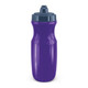 A drink bottle in vibrant purple with a dark blue lid and a logo on the front.