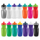 A drink bottle collection featuring various colours including silver, white, orange, pink, green, purple, and black, with logos.