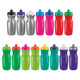A drink bottle collection featuring silver, red, pink, green, purple, and other bright colours, all with caps and logos.