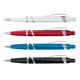 A collection of four plastic pens in white, red, blue, and black, each featuring a silver detailing and a logo.