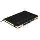 A black notebook with a pen attached, featuring a sleek design and elastic closure.