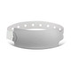 A grey plastic event wristband with a smooth surface and circular cut-outs for adjustment, featuring a logo.