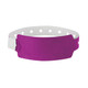 A purple plastic event wristband with a white section and circular cut-outs, designed for use at events.