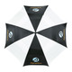 A vented golf umbrella featuring black and white panels and a logo.