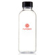 A drink bottle made of clear Tritan plastic with a black lid and a logo in red.