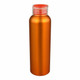 An orange aluminium water bottle with a clear, screw-on lid and a slim design. It features a logo.