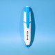 A highlighter in a blue and white design, featuring a logo and a cap on one end.