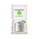 A drink bottle in a gift box, featuring a stainless steel hip flask and a festive interior design.