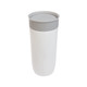 A stainless steel coffee cup in white with a gray lid, featuring a smooth, sleek design and a logo.