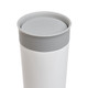 A stainless steel coffee cup with a sleek design and a grey lid.