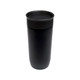 A stainless steel coffee cup in a sleek black design, featuring a tight-fitting lid.
