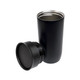 A stainless steel coffee cup with a black exterior, accompanied by a matching lid.