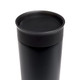 A black stainless steel coffee cup with a smooth, rounded lid and a sleek design. It features a logo.