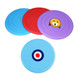 Four silicone frisbees in blue, red, and purple, featuring a dog design and a circular logo.