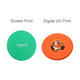 A green silicone frisbee with a logo on one side and an orange frisbee featuring a playful face design on the other.