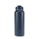 A drink bottle in navy blue with a black lid, featuring a simple design and a logo.