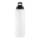 A drink bottle in white with a black lid, featuring a logo on the side. Ideal for hydration on the go.