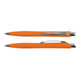 An orange plastic pen with a sleek design and silver accents, featuring a clip for easy attachment.