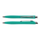 A teal plastic pen with a silver clip, featuring a sleek design and a shiny tip. 