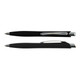 A black plastic pen with a sleek design and a silver clip, featuring a smooth writing tip.