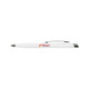 A white plastic pen with a silver clip and a branding logo in red.