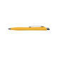 A yellow plastic pen with a silver clip and a smooth barrel design. It features a logo on the barrel.