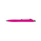 A pink plastic pen with a silver clip and a sleek design. It features a branding logo on its side.
