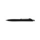 A black plastic pen with a silver clip, featuring a sleek design and a glossy finish.