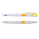 A promotional Hook Pen featuring a white body with yellow accents and chrome detailing. It has a unique hook design.