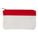 A pencil case with a red top and white bottom, featuring a zipper closure and a logo.