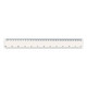 A transparent ruler with metric and imperial measurements, featuring a branded logo on one side.