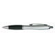 A metallic pen with a silver body and a black grip, featuring a clip and a logo.