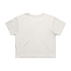 A white crop tee with a relaxed fit, featuring short sleeves and a simple design. It has a brand logo.
