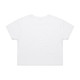 A white crop tee with a simple design and short sleeves, featuring a logo on the back.