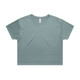 A teal crop tee with a round neckline and short sleeves, featuring a logo on the label.