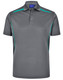 A grey men's sustainable polo shirt with teal contrast accents and a logo on the chest. Short sleeves and a classic collar. A grey men's sustainable polo shirt with teal contrast accents and a logo on the chest. Short sleeves and a classic collar.